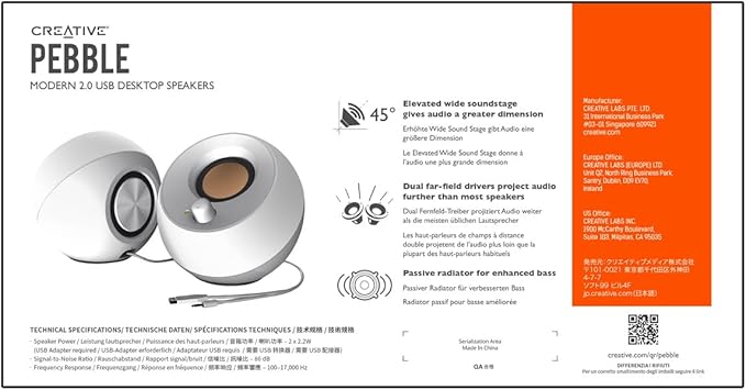 Creative Pebble 2.0 USB-Powered Desktop Speakers with Far-Field Drivers and Passive Radiators for PCs and Laptops (White) CreativeLabs