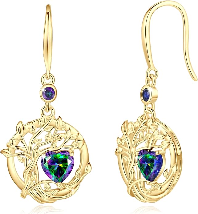 FANCIME Tree of Life Dangle Drop Earrings 925 Sterling Silver Dainty Round Gemstone Birthstone Earring Fine Jewelry Birthday Christmas Gifts for Her Women FANCIME