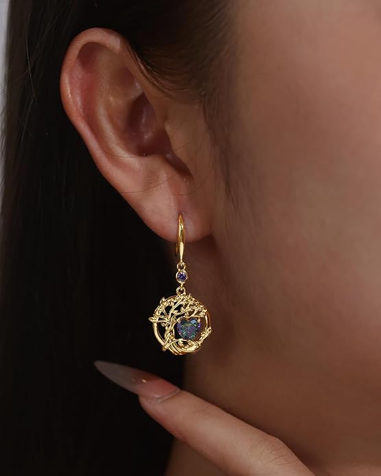 FANCIME Tree of Life Dangle Drop Earrings 925 Sterling Silver Dainty Round Gemstone Birthstone Earring Fine Jewelry Birthday Christmas Gifts for Her Women FANCIME