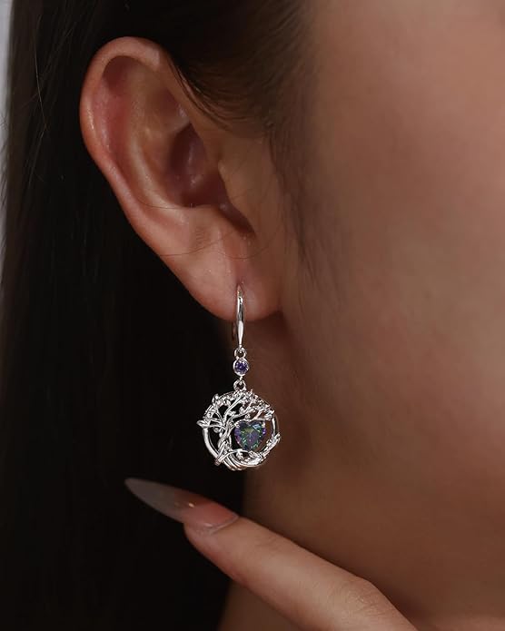 FANCIME Tree of Life Dangle Drop Earrings 925 Sterling Silver Dainty Round Gemstone Birthstone Earring Fine Jewelry Birthday Christmas Gifts for Her Women FANCIME