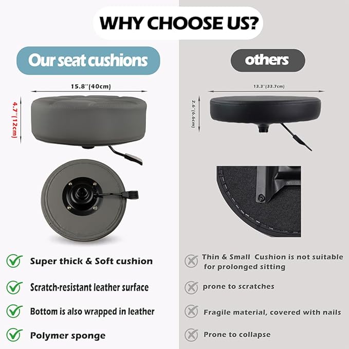 Rolling Stool with Wheels 12cm Ultra Thick Cushion Roller with Heavy Duty Swivel Desk，Adjustable Height Roller Stool for Massage Medical Tattoo Spa(Super Thick Cushion, Grey) Kick Boosters