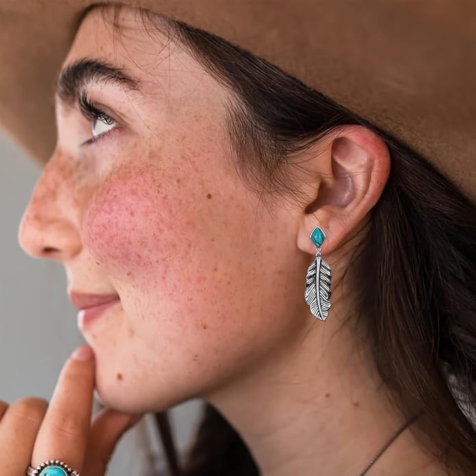 Genuine Turquoise Leaf Earrings, Sterling Silver Dangle Drop Vintage Boho Feather Earrings Birthday Gift for Women DOLIOX