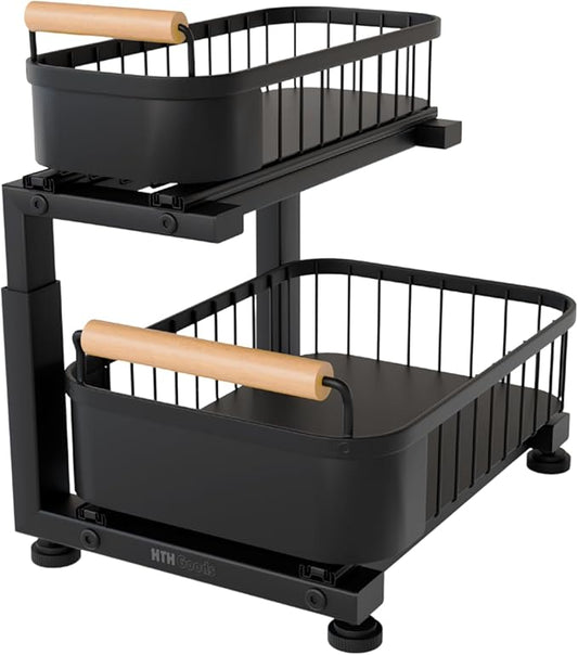 Premium Heavy Duty Carbon Steel Under Sink Organizer, 2 Tier Pull Out Cabinet Organizer, 7 Adjustable Heights with Smooth Ball Bearing Sliding Baskets for Bathroom & Kitchen HTHGoods