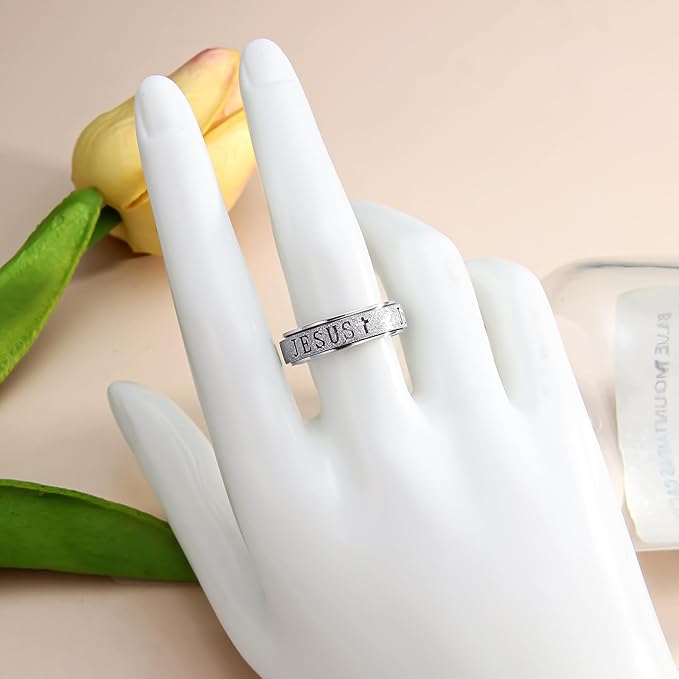 OreilleStar Fidget Spinner Anxiety Ring for Women: Fidget Toys Adults Cute Jesus Thumb Ring Stainless Steel Gold Silver Size 5 6 7 8 9 10 (Silver, 6)