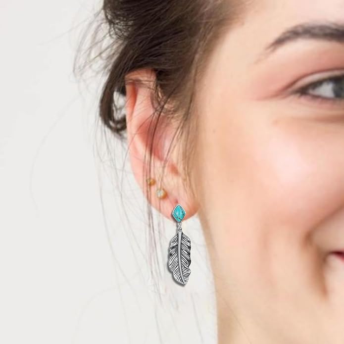 Genuine Turquoise Leaf Earrings, Sterling Silver Dangle Drop Vintage Boho Feather Earrings Birthday Gift for Women DOLIOX