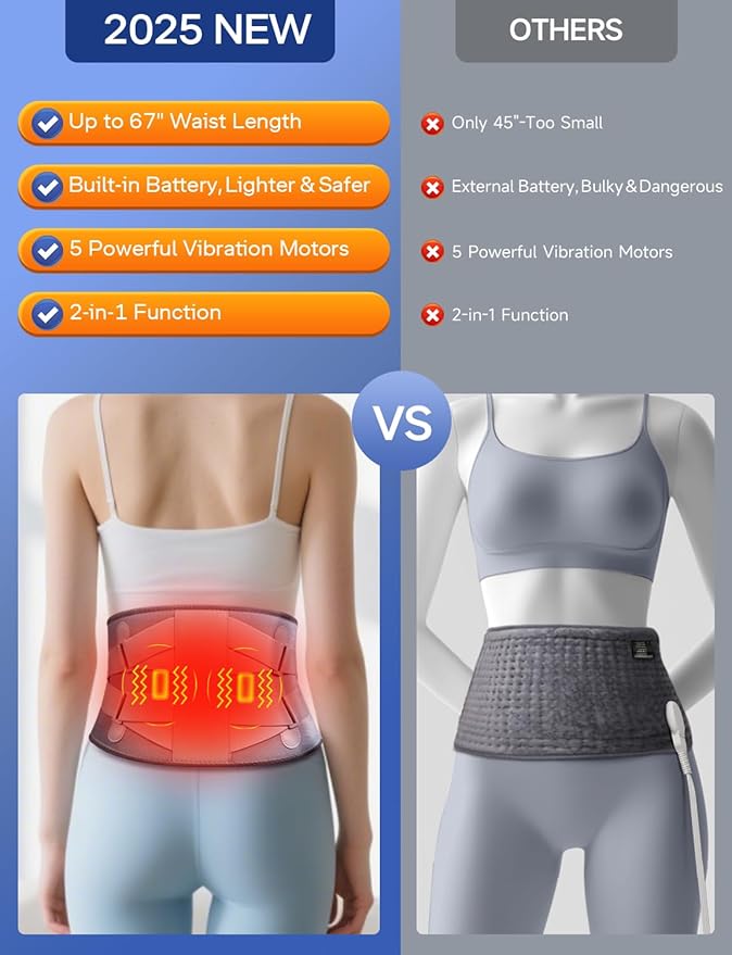 ALLJOY 67" Cordless Heating Pad for Back Pain Relief FSA Eligible HSA, Christmas Gifts for Women Men Mom Dad, Portable Lower Back Massager with 3 Heat 5 Vibration, Wireless Heating Pad for Cramps ALLJOY