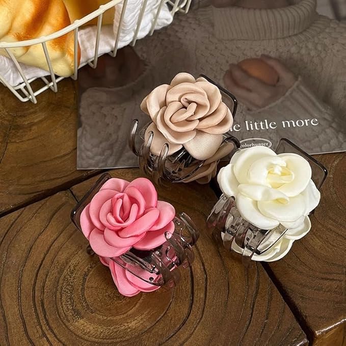 3 Pack Small Hair Clips, Camellia Claw Clips for High Ponytail,Flower Hair Accessories Travel Beach Holiday Birthday Gift for Mother Girl Thick Thin Long Hair(Pink Champagne White) Agirlvct