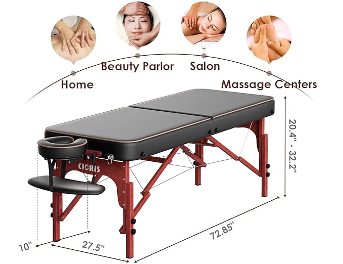 CLORIS 84" Professional Massage Table Portable Reinforced Wooden Leg Hold Up to 1100LBS 2 Folding Lightweight Spa Salon Tattoo Massage Bed Height Adjustable with Carrying Bag - Black CLORIS-Direct
