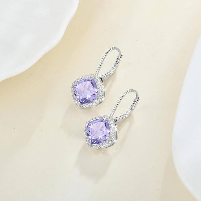 Square Princess Cut Dangle Drop Earrings 925 Sterling Silver Halo Solitaire Leverback Earrings Birthstone Jewelry for Women LWSARY