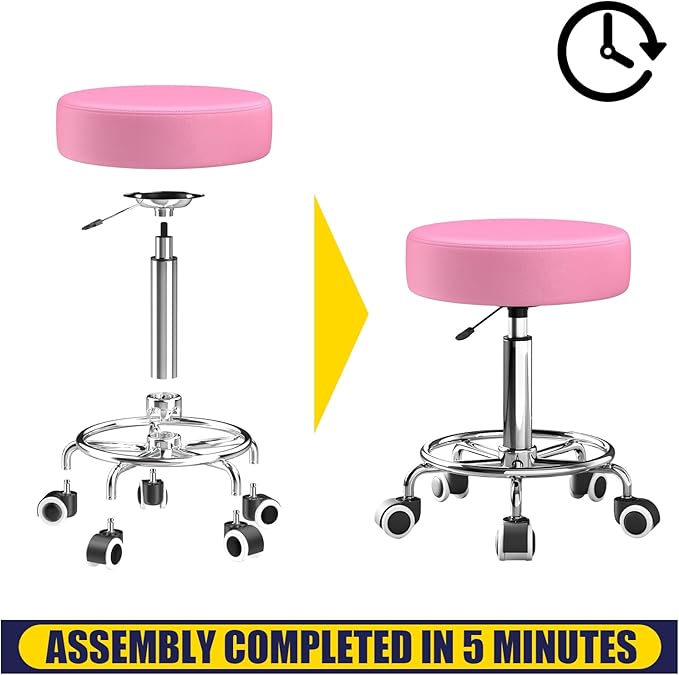 Rolling Stool, Heavy Weight Capacity 250lb, PU Leather Rolling stools, Ultra Soft Padded Seat, Rolling Stools with Wheels and Footrest, 360° Swivel, Spa Drawing Salon Work Office Tattoo Stool (pink) YEEZEE