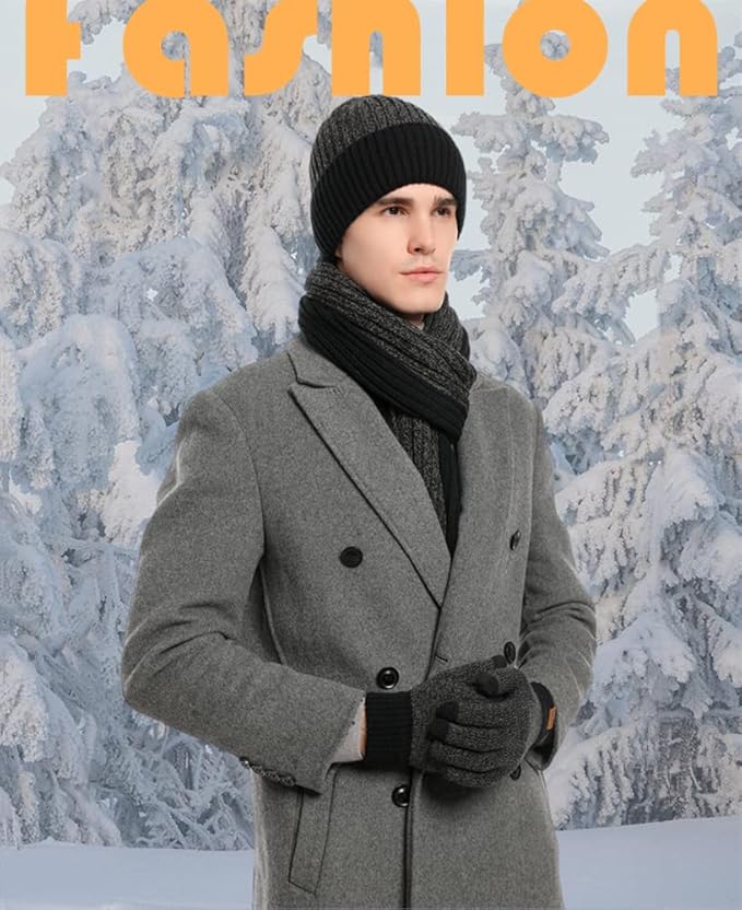 JTJFIT Winter Warm Knit Beanie Hat Long Neck Scarf Touchscreen Gloves Set with Knit Fleece Lined Skull Caps for Men JTJFIT
