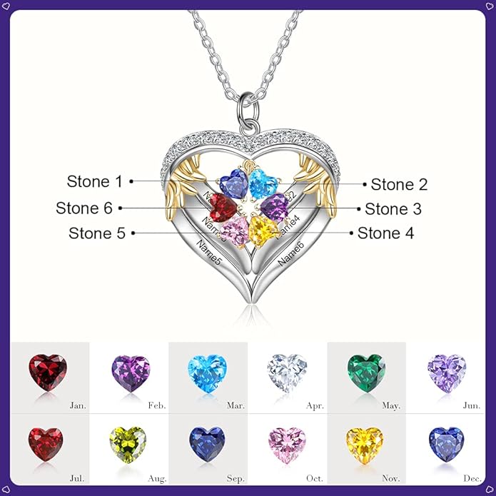GLAMCARAT Personalized sterling silver pendant necklace with birthstone and name mothers jewelry heart shaped necklace for her birthstone necklace GLAMCARAT