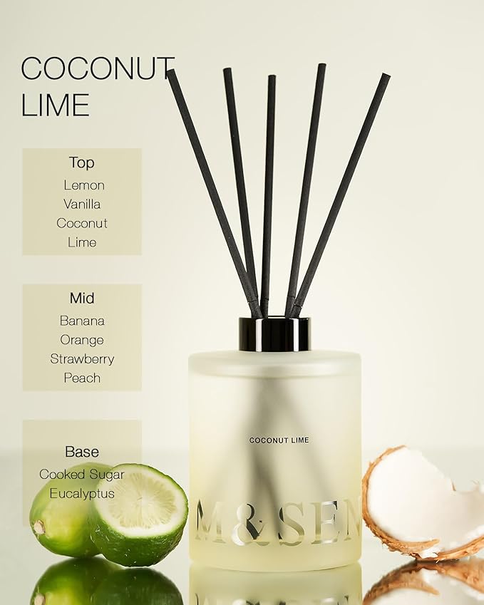 M&SENSE Coconut Lime Reed Diffuser Set - 16.9 fl oz Long-Lasting Scent, Large Natural Oil Diffuser with Sticks, Non-Toxic Aromatherapy Diffuser Gift for Home, Spa & Bedroom MSENSE