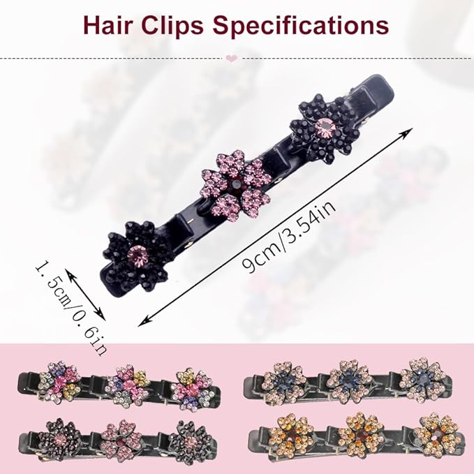 2 Pcs Sparkling Crystal Stone Braided Hair Clips, 2024 New Satin Fabric Hair Bands Rhinestone Four-Leaf Clover Hair Clip,Duck Bill Clips for Women Girls (4 Pcs) Pousbo