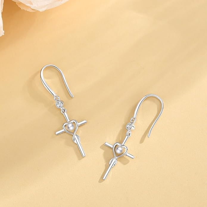 FANCIME Gift for Women Cross Dangle Drop Earrings 925 Sterling Silver Heart Birthstone Earring Fine Jewelry Birthday Gifts for Her Women FANCIME