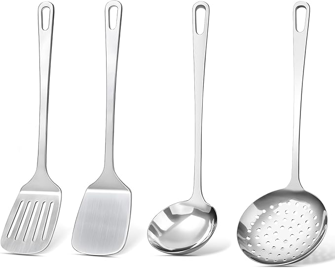 4 Pcs Cooking Utensils Set, Stainless Steel Kitchen Utensils, Heat Resistant Metal Kitchen Tools Include Solid & Slotted Turner Wok Spatula, Serving Spoon, Ergonomic Handle, Easy to Clean, Silver Kick Boosters