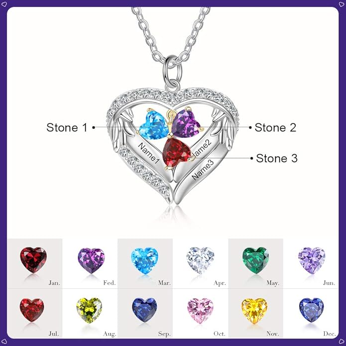 GLAMCARAT Personalized sterling silver pendant necklace with birthstone and name mothers jewelry heart shaped necklace for her birthstone necklace GLAMCARAT