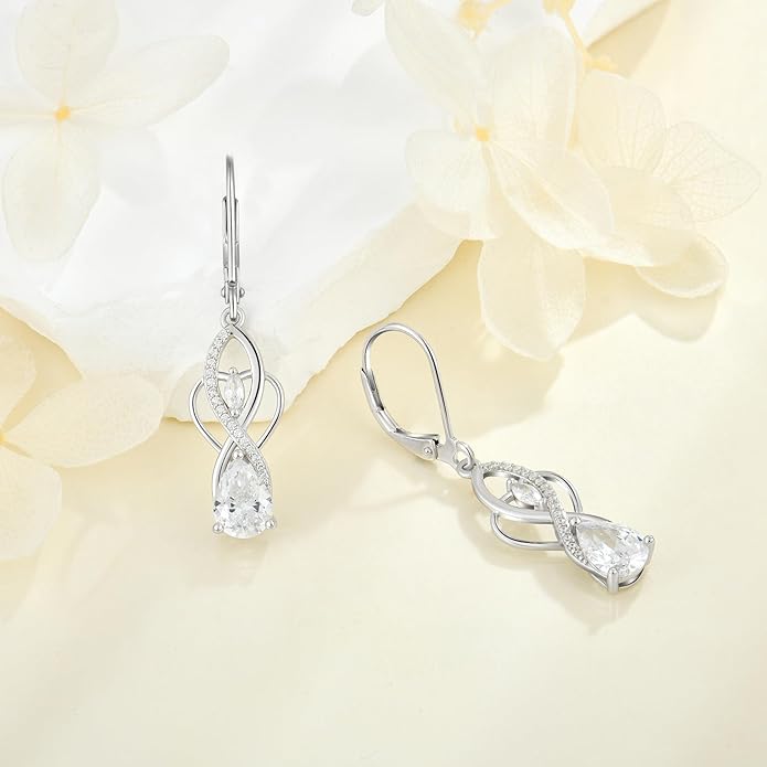 Infinity Butterfly Earrings 925 Sterling Silver Birthstone Dangle Drop Leverback Earrings Cubic Zirconia Hypoallergenic Jewelry Birthday Christmas Gifts for Women Mother Wife Her FYNSBLE