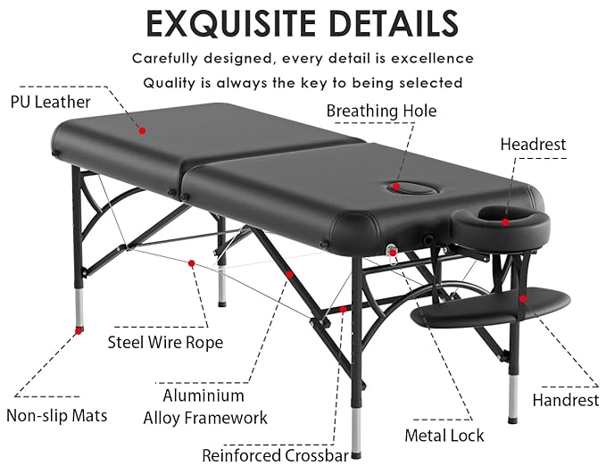 CLORIS 84" Professional Massage Table Portable 2 Folding Lightweight Facial Salon Spa Tattoo Bed Height Adjustable with Carrying Bag & Aluminium Leg Hold Up to 1100LBS Black Widen CLORIS-Direct
