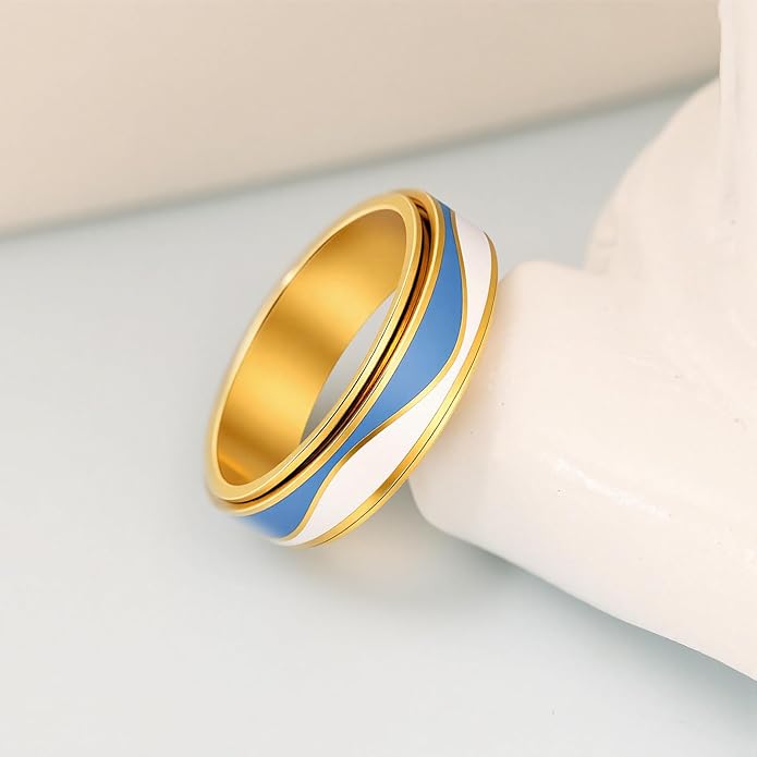 OreilleStar Fidget Anxiety Relief Ring for Women: Blue Sky and White Cloud Stripes Outer Band Fidget Toys Adults Stainless Steel Spinner Thumb Rings for Men Silver Gold Plated Size 5-10