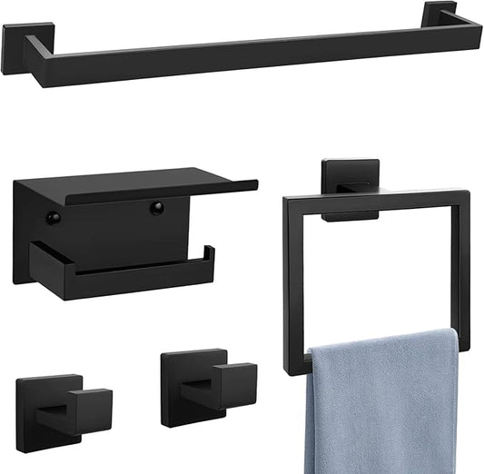 Matte Black Towel Bar Set 5-Piece Bathroom Hardware Accessories Set Includes 23.6 Inch Towel Bar,Toilet Paper Holder with Shelf,Square Towel Ring and Coat Hooks Stainless Steel Wall-Mounted DUMDER