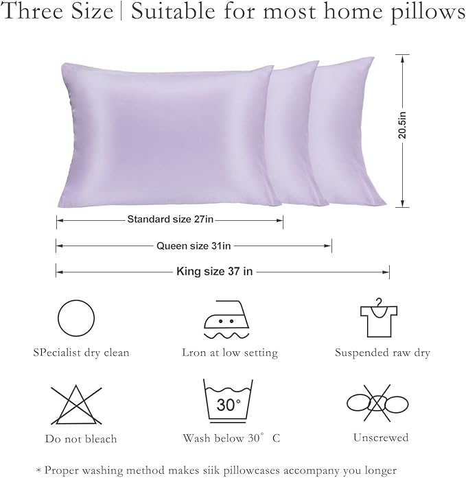 Silk Pillowcase for Hair and Skin 2 Pack 100% Mulberry Silk Bed Pillowcase Hypoallergenic Soft Breathable Both Sides Silk Pillow Case with Hidden Zipper, Pillow Cases (King, Light Purple) JOGJUE