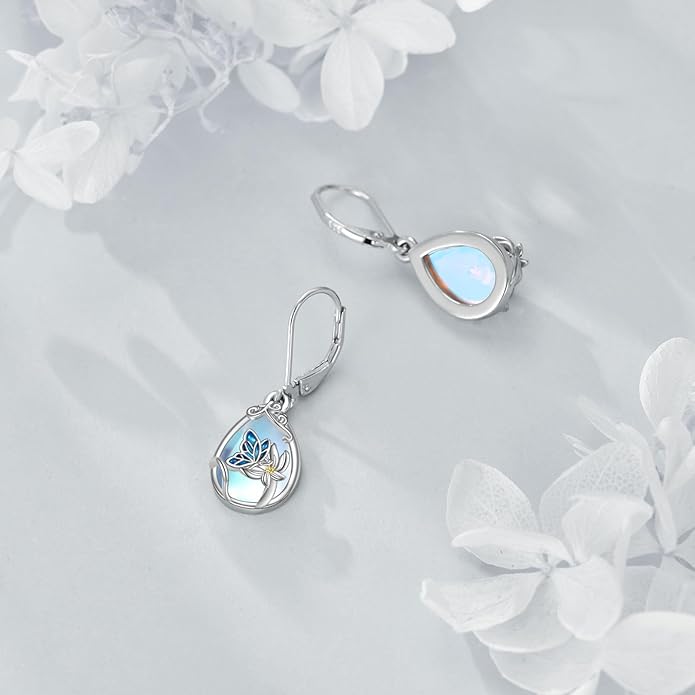 YFN Bee/Flower/Hummingbird Bird Moonstone Earrings 925 Sterling Silver Teardrop Dangle Hypoallergenic Leverback Earring for Women YFN