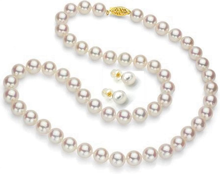 Lily Treacy Japanese Akoya Pearl Necklace Strand 14K gold clasp 18" w/Stud Earrings 18K gold post Set Bridal Gift 7-7.5mm LILYTREACY