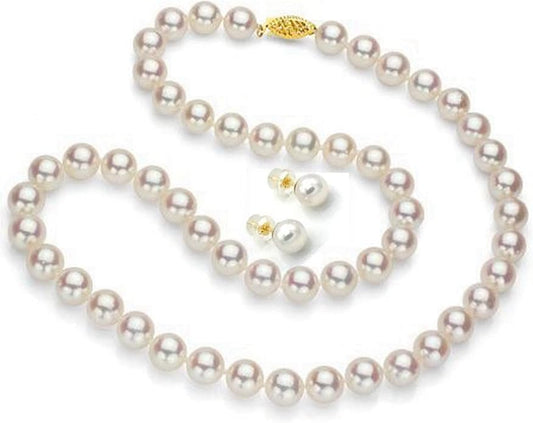 Lily Treacy Japanese Akoya Pearl Necklace Strand 14K gold clasp 18" w/Stud Earrings 18K gold post Set Bridal Gift 7-7.5mm LILYTREACY