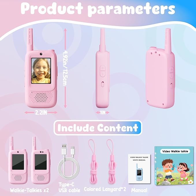 Video Walkie Talkies for Kids, 2 Pack Rechargeable Walkie Talkies with Screen, Indoor Outdoor Toy for 3 4 5 6 7 8 9 10 Year Old Girl, Christmas Birthday Gifts for Girls Age 3-12 (Pink) ANBURI