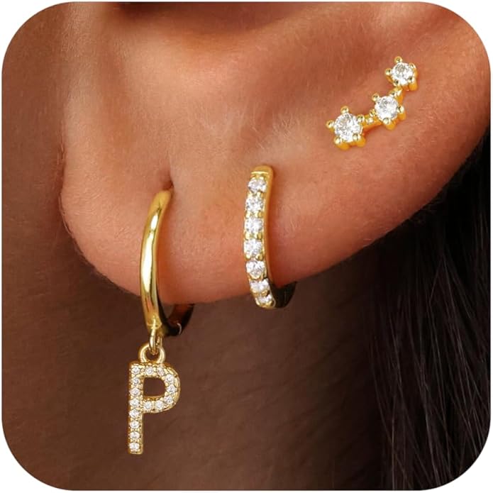 Christmas Gifts for Teen Girls Kids - 3 Pairs Gold Earrings for Women Huggie Hoop Earrings for Girls with Initial Dangle Cartilage Earring Studs Hypoallergenic Earring Set for Multiple Piercing JIAOGE
