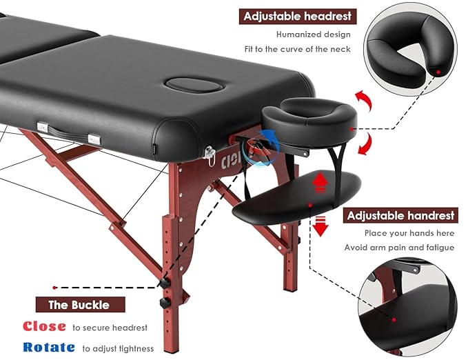 CLORIS 84" Professional Massage Table Portable 2 Folding Lightweight Facial Salon Spa Tattoo Bed Height Adjustable with Carrying Bag & Wooden Leg Hold Up to 1100LBS Black Widen CLORIS-Direct