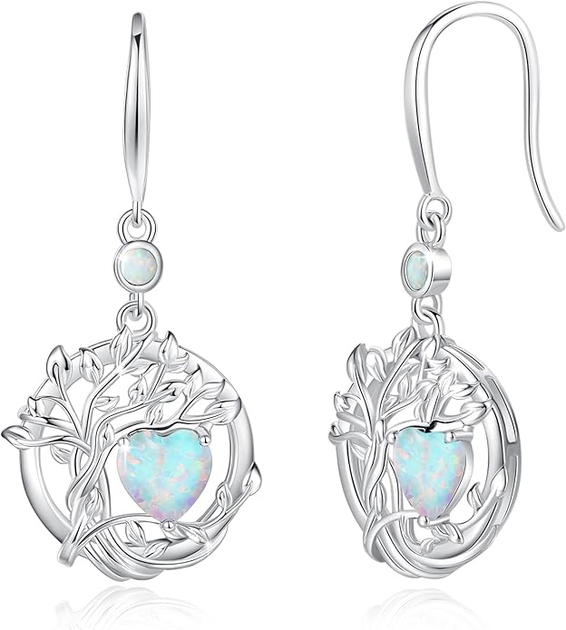FANCIME Tree of Life Dangle Drop Earrings 925 Sterling Silver Dainty Round Gemstone Birthstone Earring Fine Jewelry Birthday Christmas Gifts for Her Women FANCIME