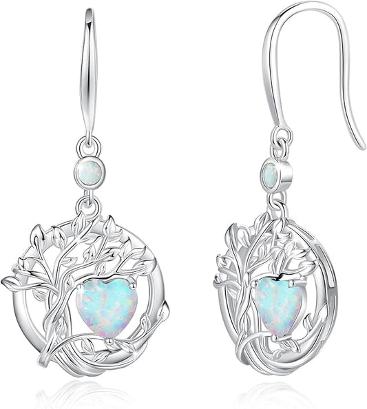 FANCIME Tree of Life Dangle Drop Earrings 925 Sterling Silver Dainty Round Gemstone Birthstone Earring Fine Jewelry Birthday Christmas Gifts for Her Women FANCIME