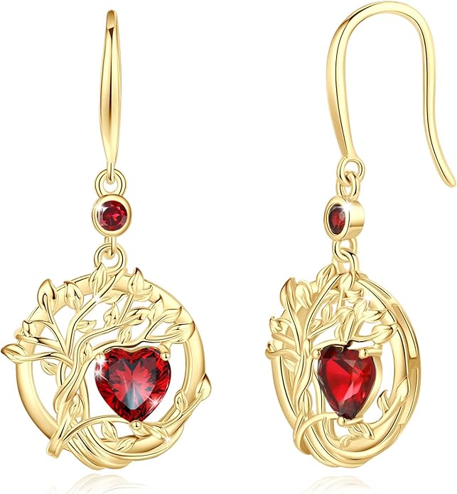 FANCIME Tree of Life Dangle Drop Earrings 925 Sterling Silver Dainty Round Gemstone Birthstone Earring Fine Jewelry Birthday Christmas Gifts for Her Women FANCIME