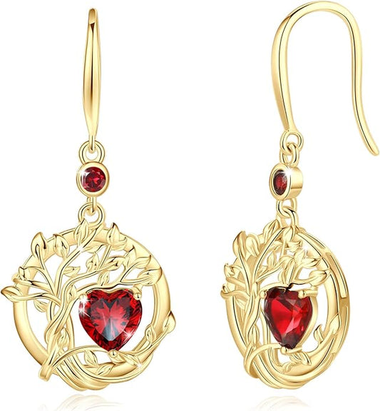 FANCIME Tree of Life Dangle Drop Earrings 925 Sterling Silver Dainty Round Gemstone Birthstone Earring Fine Jewelry Birthday Christmas Gifts for Her Women FANCIME