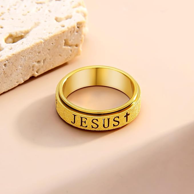 OreilleStar Fidget Spinner Anxiety Ring for Women: Fidget Toys Adults Cute Jesus Thumb Ring Stainless Steel Gold Silver Size 5 6 7 8 9 10 (Gold, 6)