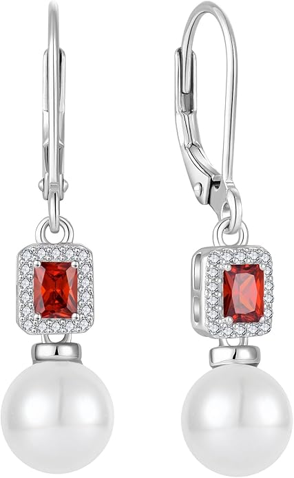 Pearl Drop Earrings Dangling 925 Sterling Silver Emerald Cut Leverback Earrings Birthstone Jewelry for Women INPASNE