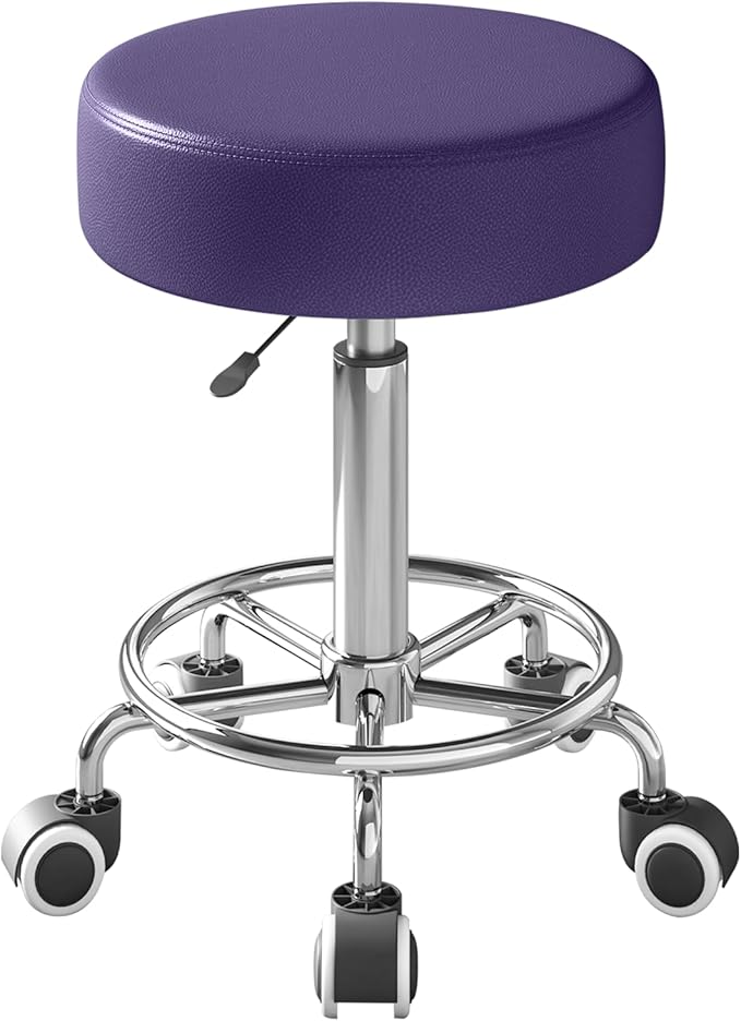 Rolling Stool, Heavy Weight Capacity 250lb, PU Leather Rolling stools, Ultra Soft Padded Seat, Rolling Stools with Wheels and Footrest, 360° Swivel, Spa Drawing Salon Work Office Tattoo Stool (Purple) YEEZEE
