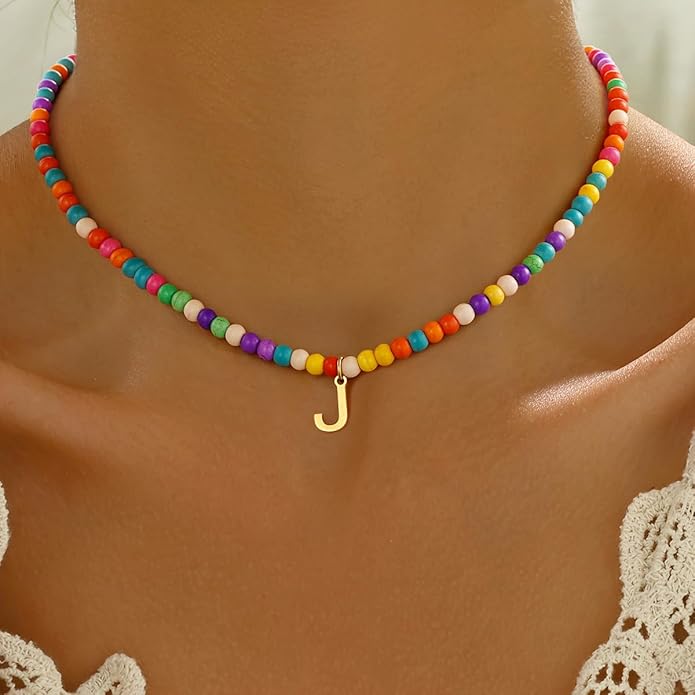 Eioi & Lmnm Colorful Initial Necklaces for Girls Women Kids - Teen Girls Gifts Trendy Beaded Initial Necklace Dainty Letter Gifts Choker Necklace for Girl Jewelry Kick Boosters