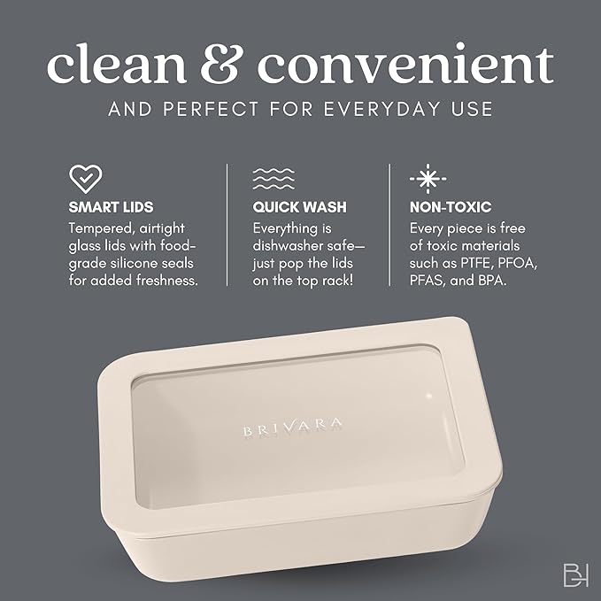 Ceramic Coated Glass Food Storage Container | No PTFE, PFOA, PFAS, and BPA | Reusable Non Toxic Meal Prep Container with Glass Lid | Easy To Store | 6 Piece Food Prep [Crema] BrivaraHome