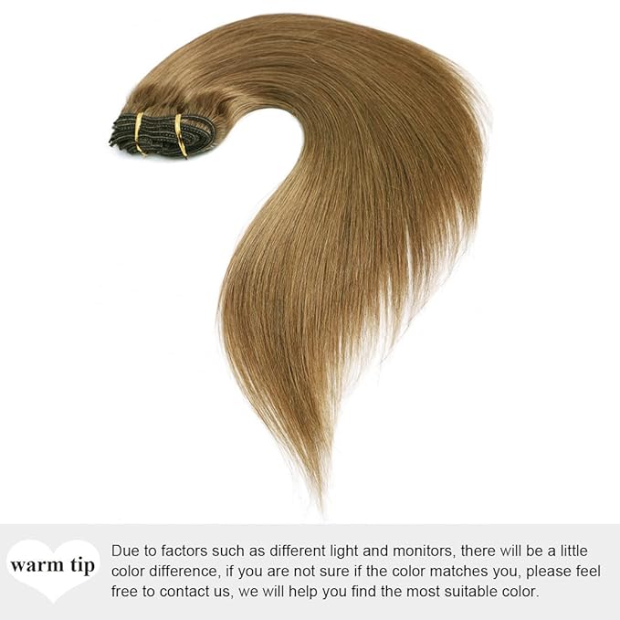 14" Clip in Human Hair Extensions Full Head 110g 7 Pieces 16 Clips 8# Light Brown Double Weft Brazilian Real Remy Hair Extensions Thick Straight Silky (14" 110g, Light Brown)