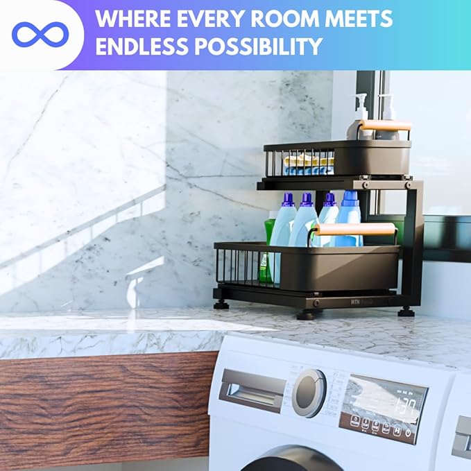 Premium Heavy Duty Carbon Steel Under Sink Organizer, 2 Tier Pull Out Cabinet Organizer, 7 Adjustable Heights with Smooth Ball Bearing Sliding Baskets for Bathroom & Kitchen HTHGoods