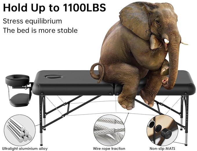 CLORIS 84" Professional Massage Table Portable 2 Folding Lightweight Facial Salon Spa Tattoo Bed Height Adjustable with Carrying Bag & Aluminium Leg Hold Up to 1100LBS Black Widen CLORIS-Direct