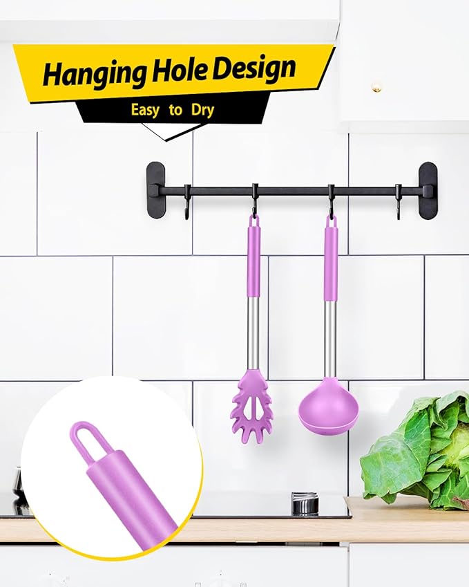 Silicone Pasta Fork and Ladle Spoon Set, Large Non Stick Kitchen Utensils for Cooking,Stirring,Serving Spaghetti, Soup, Sauce (PURPLE) BUNDLEPRO