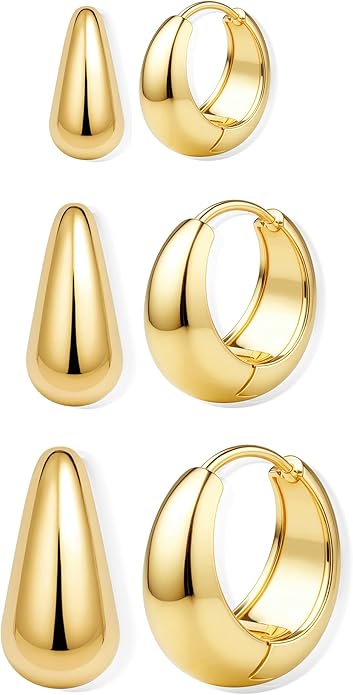 BESTEEL 3Pairs 14K Gold Plated Hoop Earrings Set for Women Chunky Earring Silver Plated Hypoallergenic Small Huggie Hoops Lightweight Tiny Thick Trendy Hoop Earrings Stacks for Multiple Piercing BESTEEL