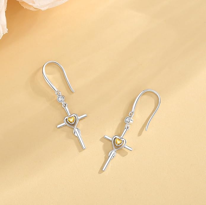 FANCIME Gift for Women Cross Dangle Drop Earrings 925 Sterling Silver Heart Birthstone Earring Fine Jewelry Birthday Gifts for Her Women FANCIME