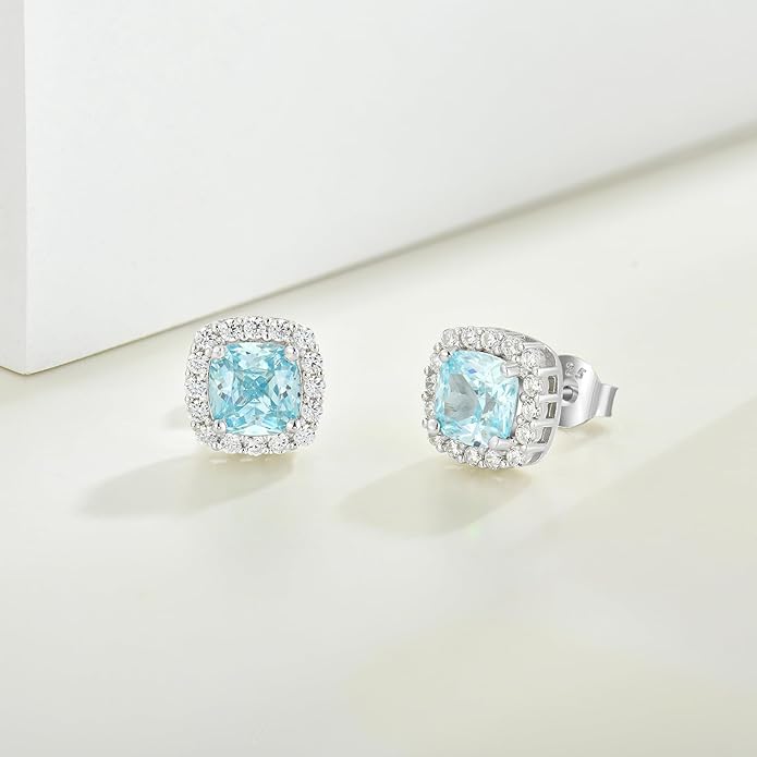 Women's Earrings 925 Sterling Silver Square Halo Stud Earrings With 5A Cubic Zirconia Birthstone Statement Earrings Jewelry Gifts for Women TIMFROZ
