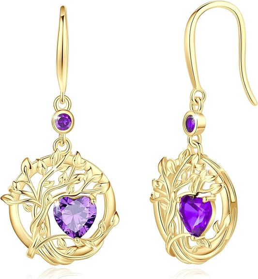 FANCIME Tree of Life Dangle Drop Earrings 925 Sterling Silver Dainty Round Gemstone Birthstone Earring Fine Jewelry Birthday Christmas Gifts for Her Women FANCIME