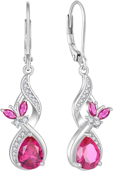 Infinity Butterfly Earrings 925 Sterling Silver Birthstone Dangle Drop Leverback Earrings Cubic Zirconia Hypoallergenic Jewelry Birthday Christmas Gifts for Women Mother Wife Her FYNSBLE